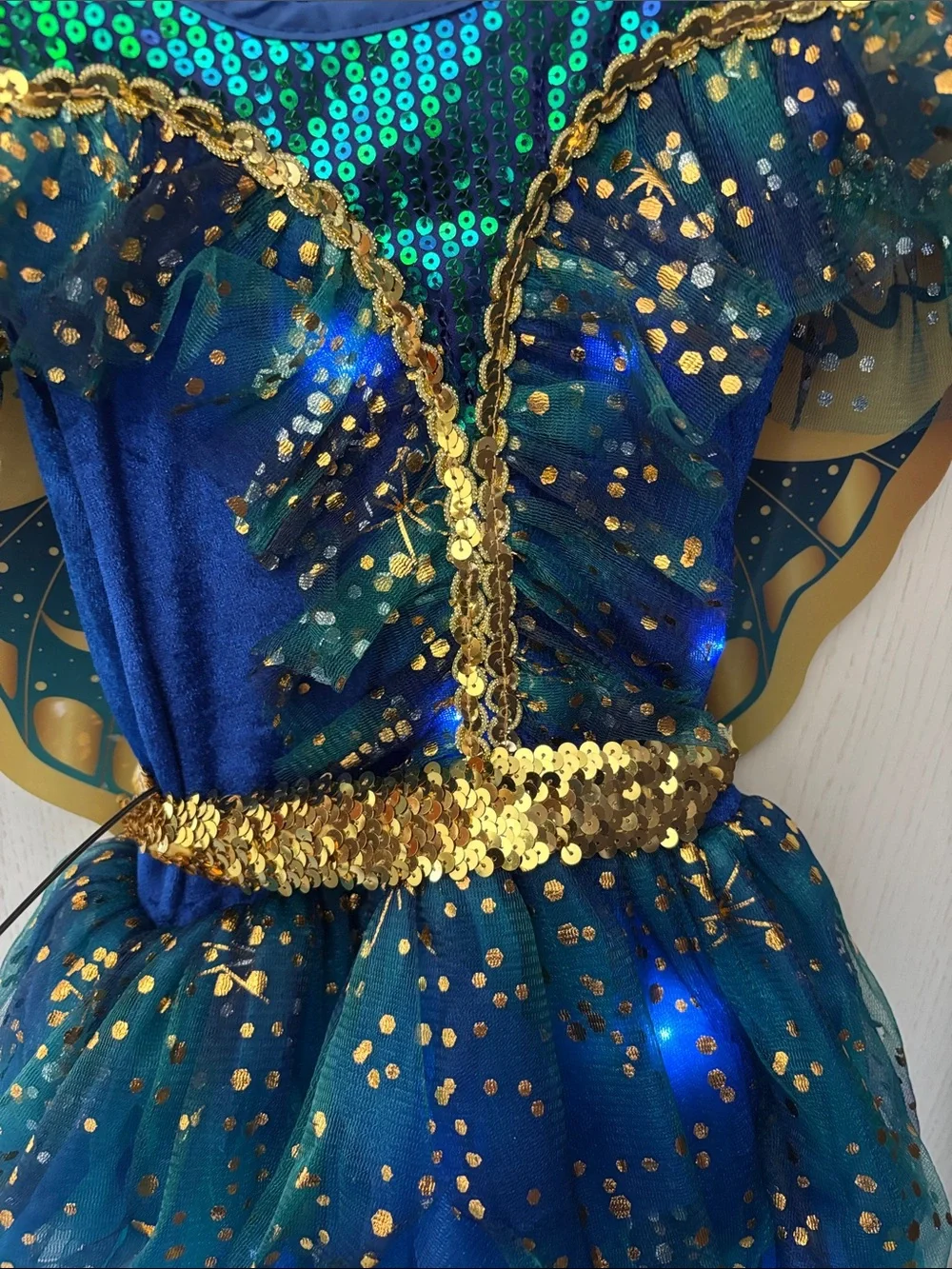 Moonlight Fairy Light Up Halloween Costume 8 Blue Gold Dress Wings Girls Kids